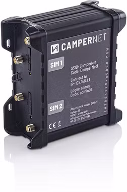 The CamperNet LTE/WLAN MiMo router with LTE & Wlan MiMo antenna for mobile Internet in vehicles (12V or 230V)
